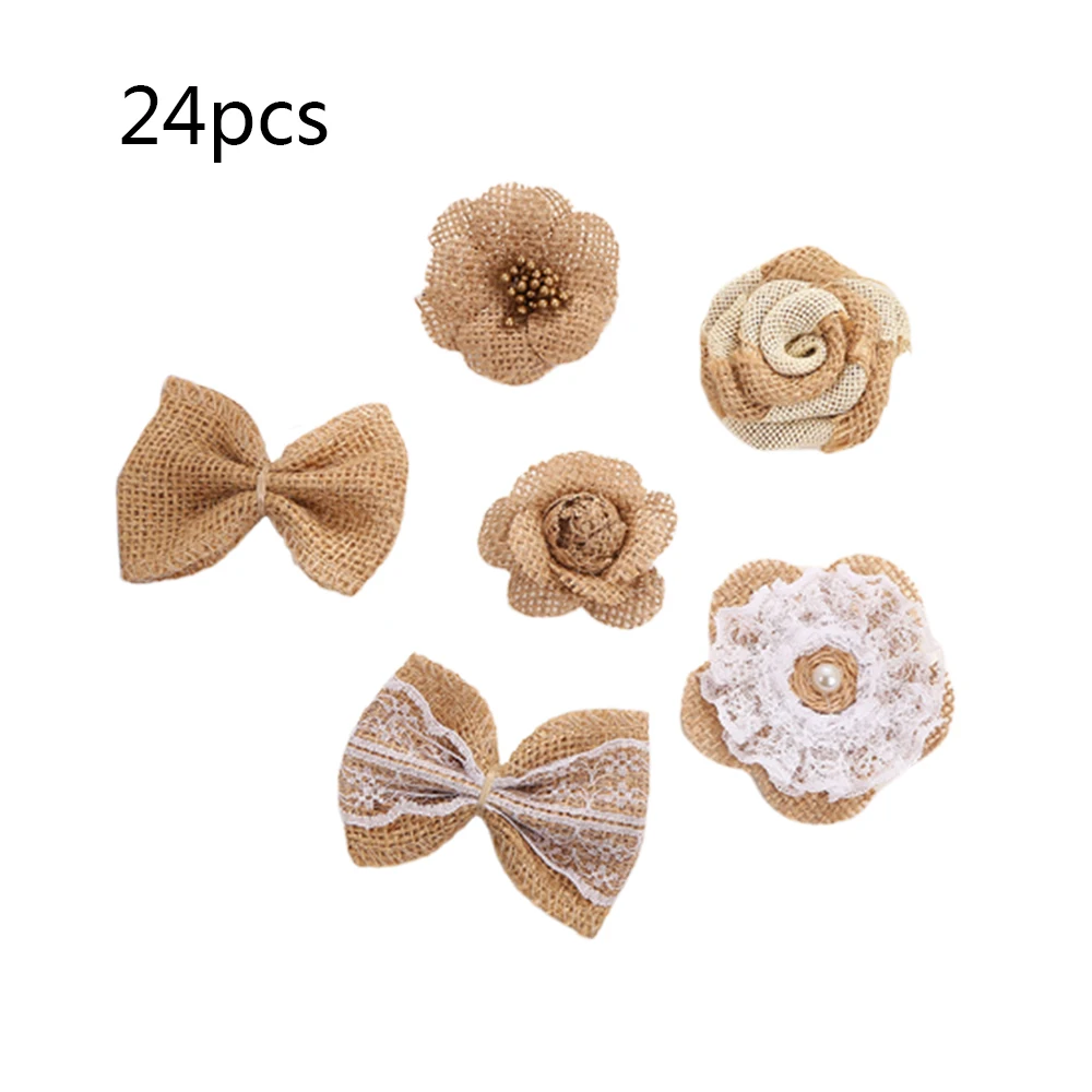 

2019 New Fashion 6/24 pcs Vintage Natural Jute Hessian Handmade Rose Flower Bowknot Craft DIY Christmas Party Decoration Tools