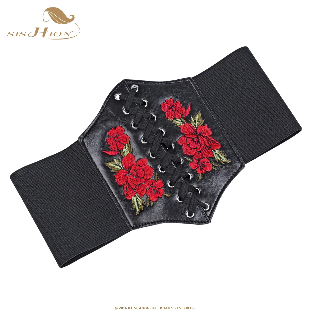 SISHION Corsets and Bustiers Gothic Embroidery Floral Flower Lace-up Underbust Corset Elastic Cinch Waist Belt Sexy Black VB0009