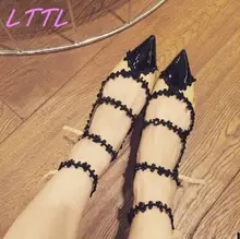 Little Black Flowers Cover Women Buckles Pumps Black Patent Leather Toe Ladies High Heels Sweet Style Female Dress Shoe
