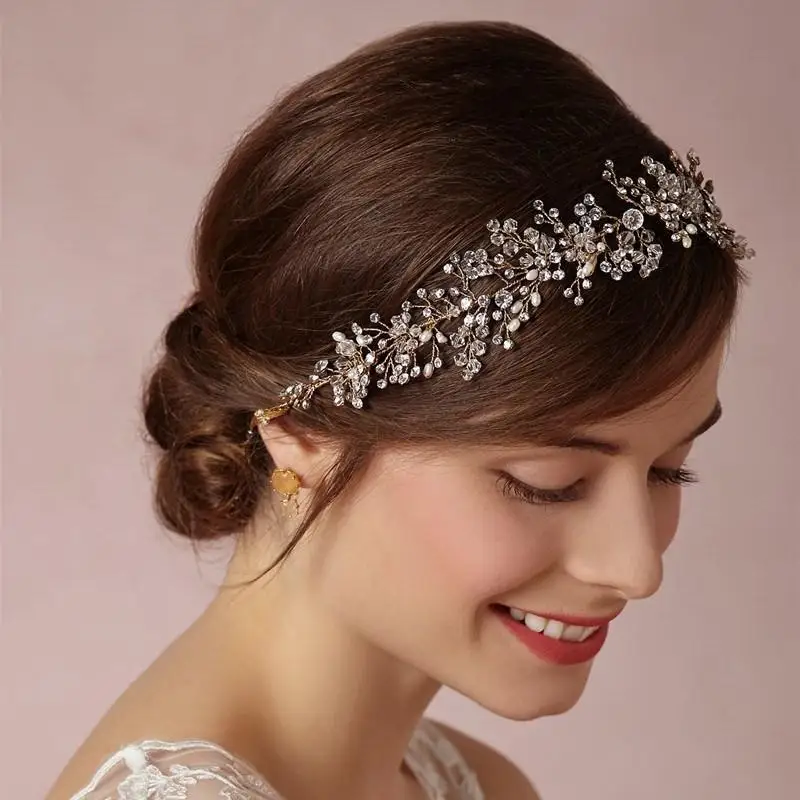 Women Flower Headband Bride Pearl Crystal Headwear Tiara Crown Wedding Party 