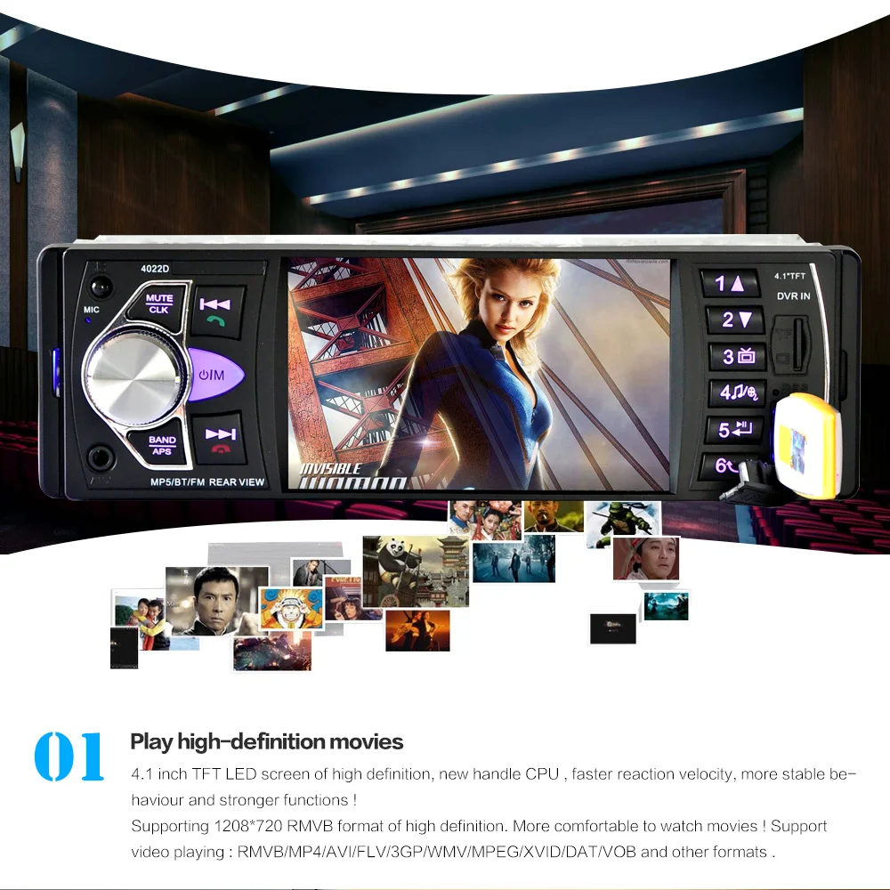

4022D 4.1 Inch 12V 1 Din HD Car Stereo Radio Bluetooth MP3 MP5 Player Support USB / FM / TF / AUX with Rearview Camera