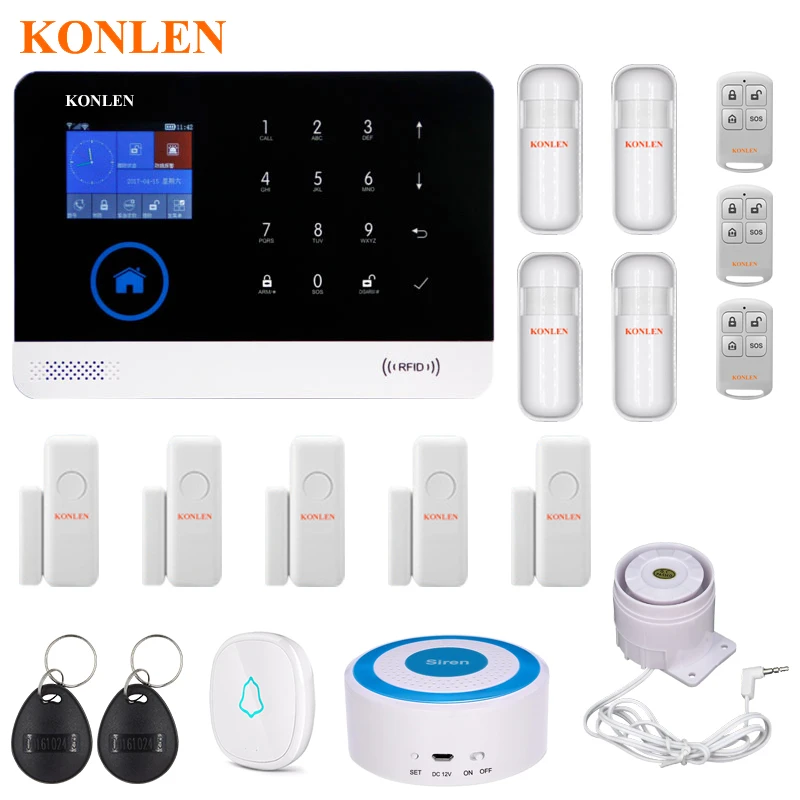 

KONLEN Home Security WIFI GSM Alarm System Kits Wireless Siren Smoke Detector PIR Window Sensor Doorbell RFID Remote Control