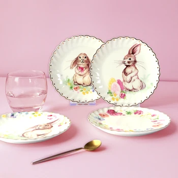 

4PCS 6INCH Ceramic Plate Dish Rabbit Fruit Plate Household Ceramic Plates Pastry Plate Festive Gifts