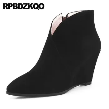 

Fur Autumn Shoes Suede High Heel Wedge Ladies 2018 Booties Pointed Toe Slip On Brand Women Winter Boots Genuine Leather Black