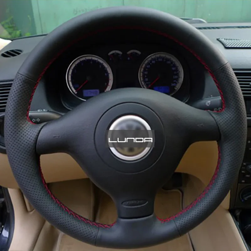 LUNDA-Black-Leather-Steering-Wheel-Cover-for-Volkswagen-VW-Golf-4-Passat-B5-1996-2003-Polo