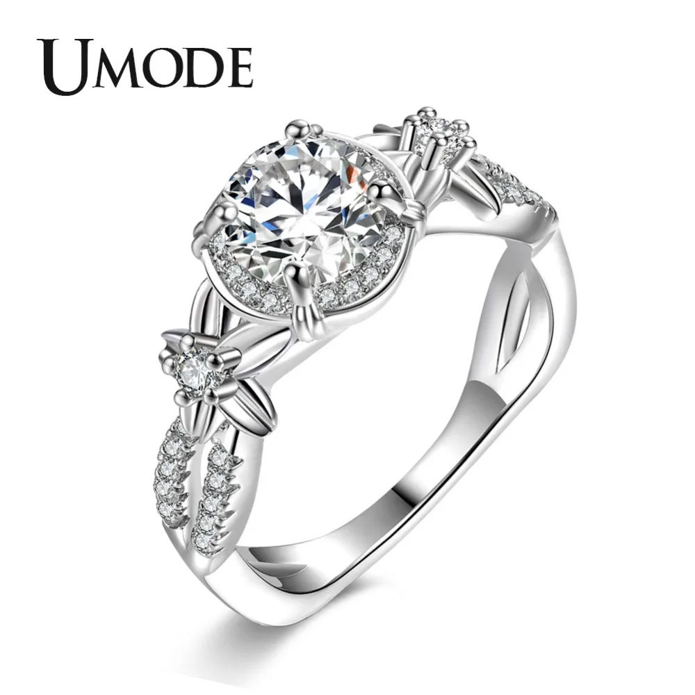 

UMODE Flower Wedding Promise Engagement Rings for Women Cubic Zirconia White Silver Crystal Rings Femme Fashion Jewelry UR0464