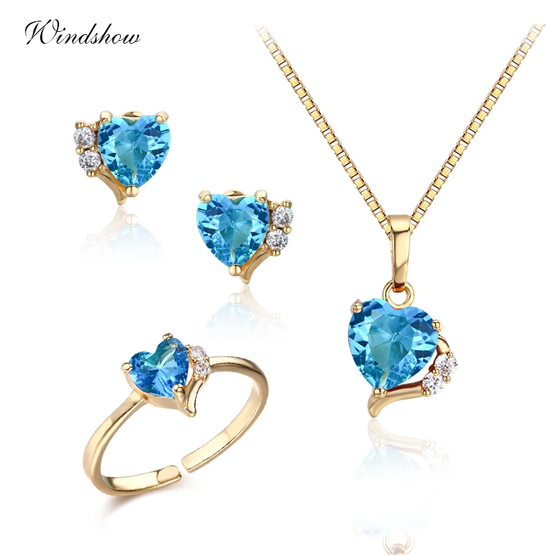 Cute Gold Color Peach Heart Blue Or Purple AAA CZ Pendant Necklace Stud Earrings Ring Small Jewelry Sets for Children Girls Kids|set plate|necklace