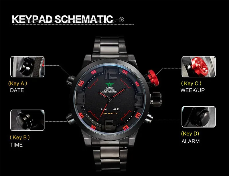 Мужские часы AMST часы мужские роскошные брендовые полностью Стальные кварцевые часы модные светодиодный часы армейские военные спортивные часы relogio masculino