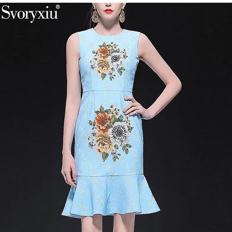 

Svoryxiu Runway Custom Summer Blue Mermaid Dress Women's Elegant Flower Print Crystal Diamond luxury Party Dresses Vestdios
