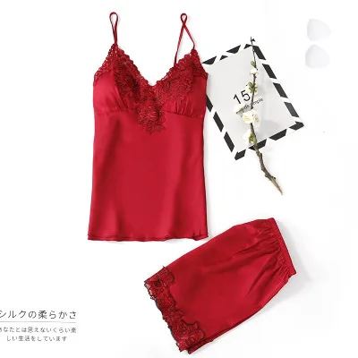 Daeyard/женская шелковая пижама, Новое сексуальное женское белье на бретельках и шортах, 2 предмета, пижамы с нагрудники, с аппликацией, v-образный вырез, домашняя одежда - Цвет: wine red