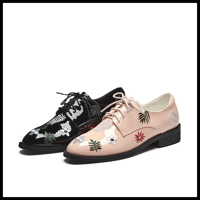 Plates Cuir Les rose Vintage Broderie Mocassins Pour Chaussures Casual Oxford Femmes En Dentelle Véritable Femme Up Appartements Noir TlF1JKc