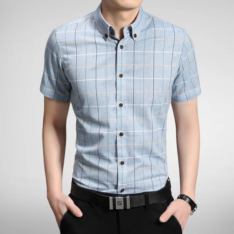 

Free Shipping 2019 Summer Men's Plaid Stripe Printed Shirt Sleeve Shirts Dresses Male Casual Slim Fit Shirts