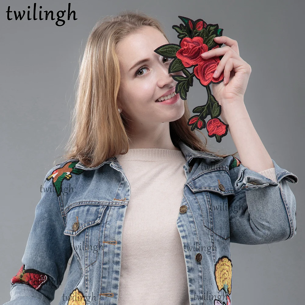 

twilingh Red Flower Appliques Patches Iron On Decorative Embroidered Patch For Clothing Sewing Accessories