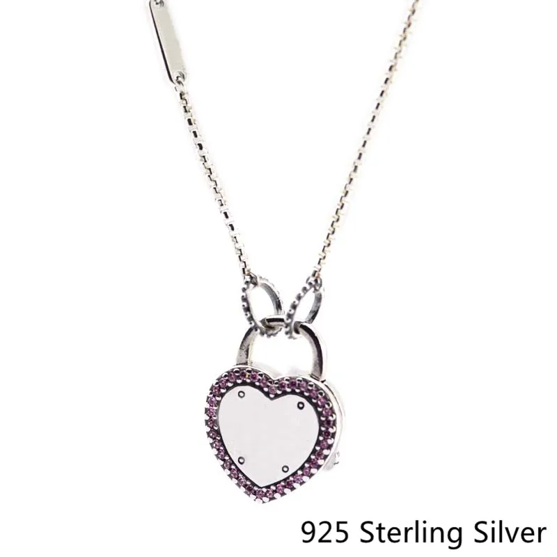 

925 Sterling Silver Pendants Lock Your Promise Necklace, Fancy Fuchsia Pink Original Charms European Style Jewelry CKK