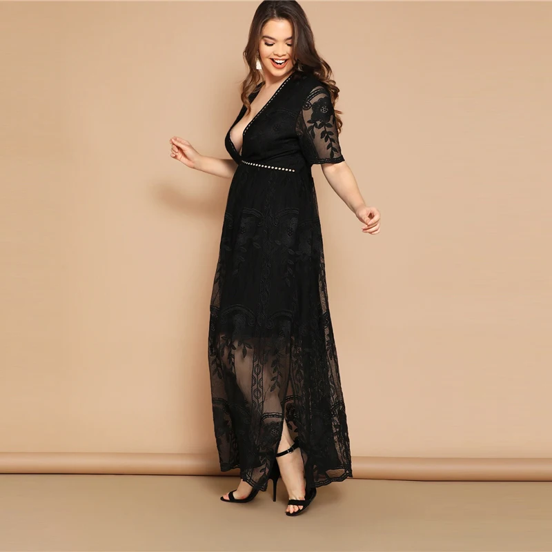 Шеин размера плюс, черное платье с кружевной вставкой, с глубоким вырезом, Сетчатое платье, женское летнее Гламурное платье с глубоким v-образным вырезом и высокой талией