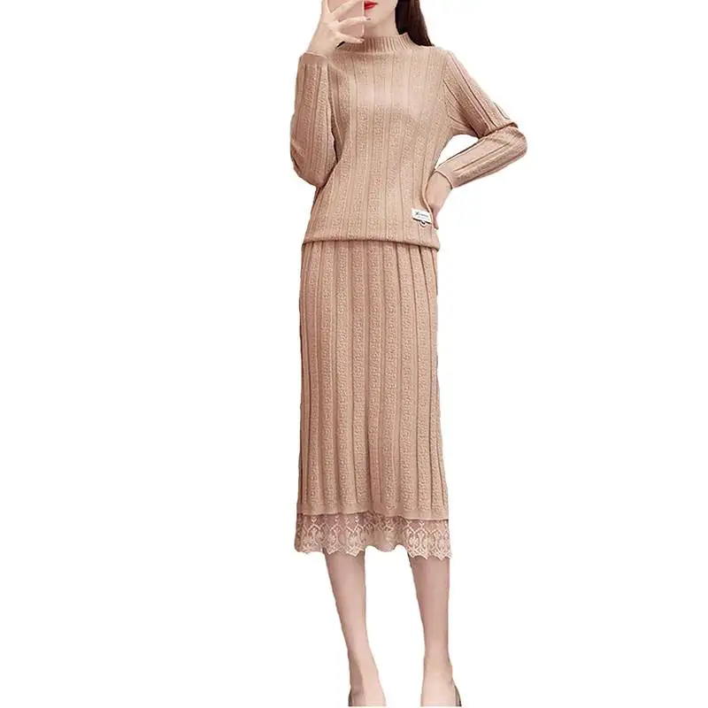 

Spring Autumn Knitted 2 Pieces Set Women Long Sleeve Half Turtleneck Sweater Lace Stitching Elastic Waist Knit Skirt Suit J169