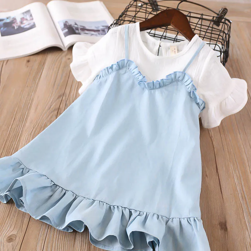 Everweekend Sweet Kids Girls Patchwork Ruffles Blue Color Cute Dress Summer Western Fashion Denim | Детская одежда и обувь