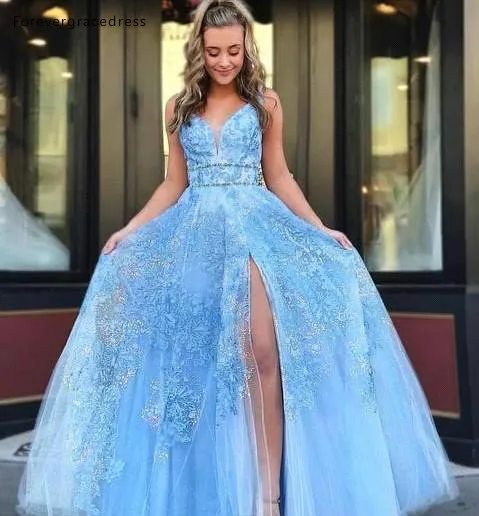 

Sky Blue Prom Dresses 2019 Sexy A Line Appliques Split Pageant Holidays Graduation Wear Formal Evening Party Gowns Plus Size