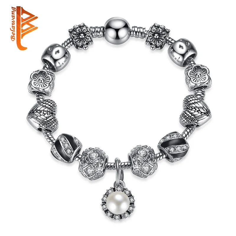 

Classic Austrian Crystal Simulated-pearl Pendant Charms Bracelet Silver Color Love Flowers Beads Snake Chain Bracelet for Women