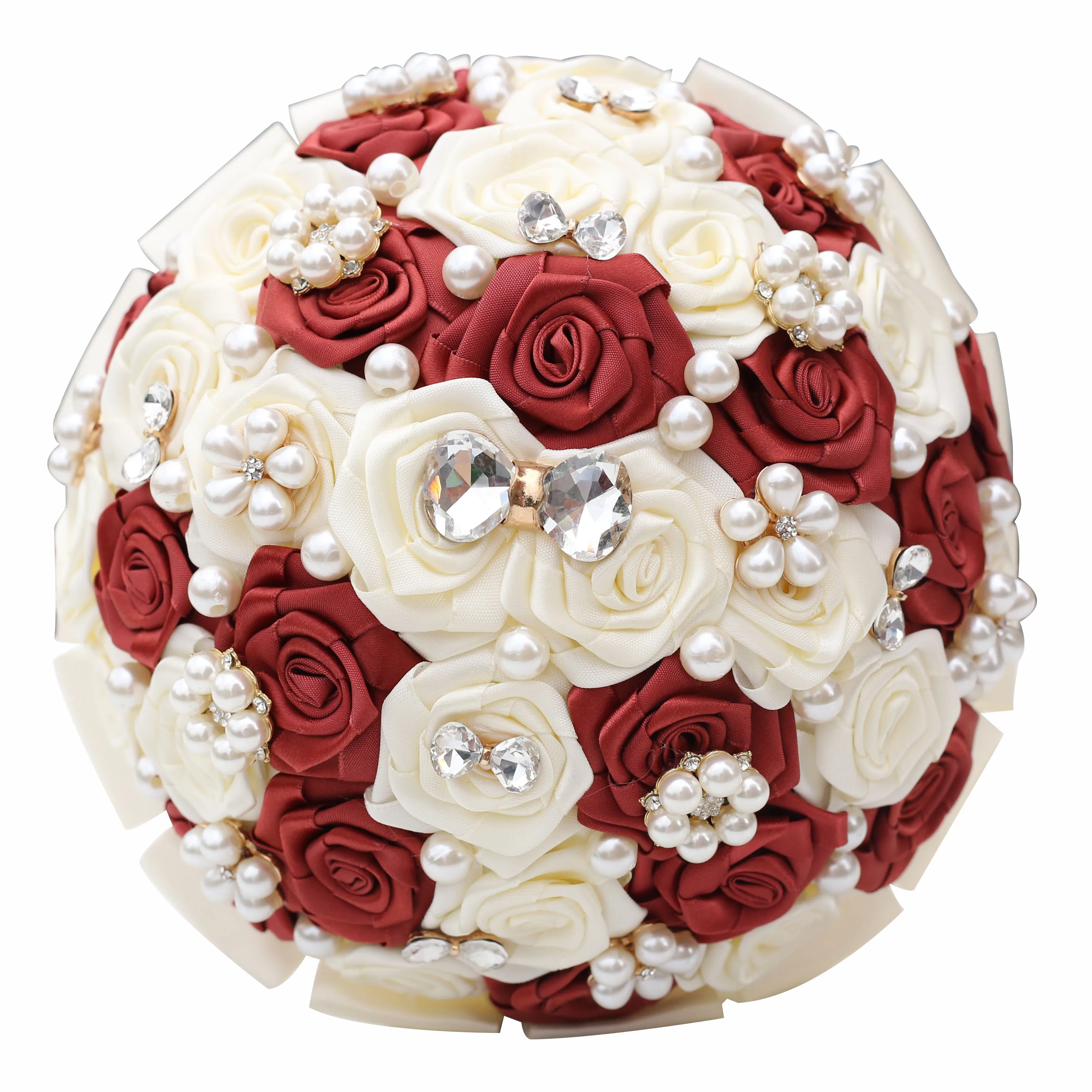 21cm Customizable Artificial Pearls Crystal Wedding Bouquets Bridesmaid Hand Hold Flower Silk Ribbon Bridal Wedding Bouquet W128