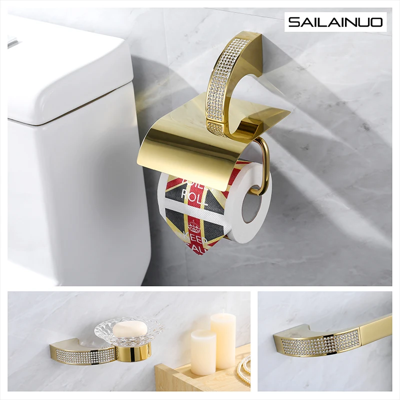 Kaufen Messing Gold Badezimmer Zubehör Set Zahnbürste Halter Metall Seifenschale Poliert mit Kristall Badezimmer Sets 5 stücke Cut Glas Haken