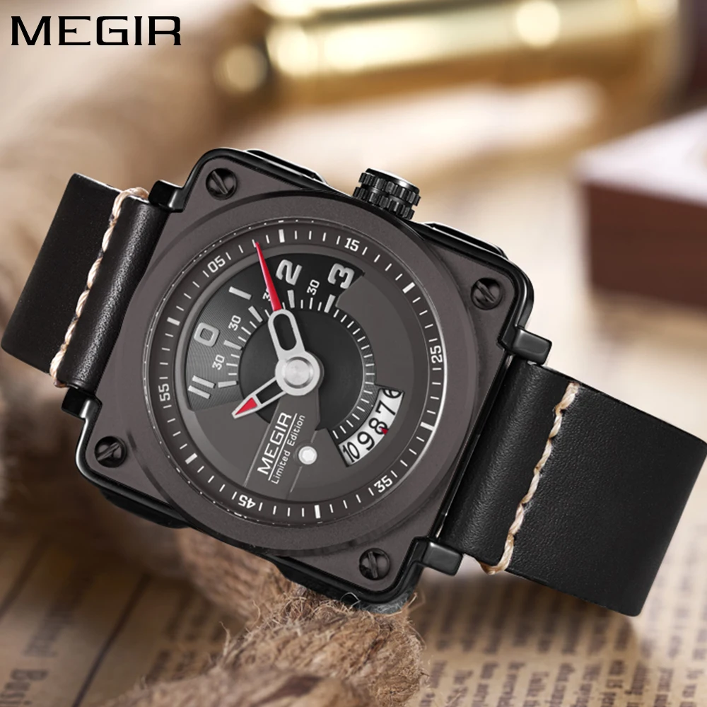 

Megir Brand Luxury Mens Watches Fashion Sport Quartz Watch Black Gold Genuine Leather Strap Wristwatch Men relogio masculino
