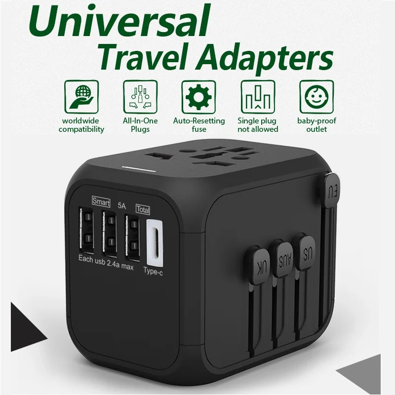 Plug Travel Adapter 309T International Universal Power Adapter All-in-one 5V 2.4A USB Type-c US UK EU AU Asia Travel USB Charger