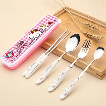 

Fashion Tableware Cutlery Cookware Hello Kitty fork spoon knife set cartoon portable Gifts Stainless Steel Dinnerwear Sets