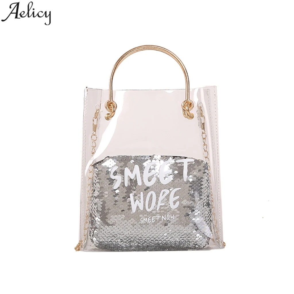

Aelicy Women Transparent Sequined Solid Flap Pvc Bag Lady Stylish Shoulder Bag Hot Sales Leisure Messenger Bag