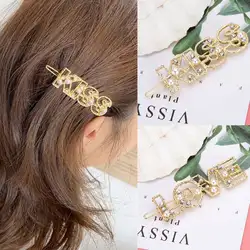 Для женщин девочек Романтический выдалбливают цифры буквы Заколки для волос металлическое золото горный хрусталь имитация