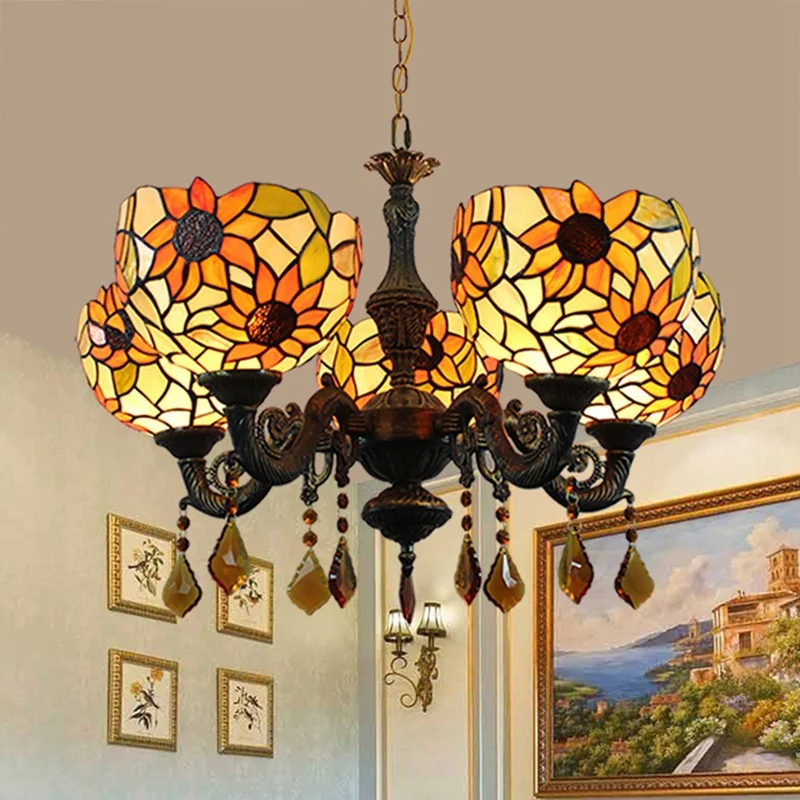 

pastoral tiffany stained glass sunflower bar 5 head crystal droplight sitting room dining-room restoring ancient ways