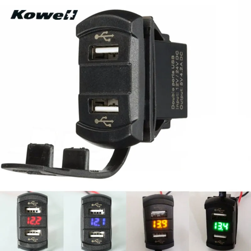 

KOWELL 12V 4.2A Car Auto Moto Dual Ports 2USB Power Charger Adapter Socket Splitter LED Volt Meterr Voltage Meter Switch Panel