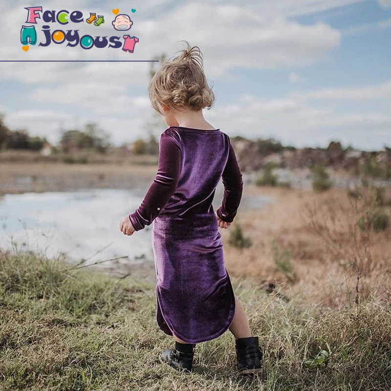 Г. Весеннее новое Золотое бархатное платье для маленьких девочек платье в стиле ретро с длинными рукавами для маленьких девочек Асимметричные мягкие платья принцессы От 2 до 7 лет