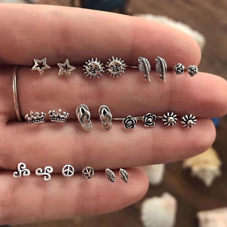 

RAVINOUR 11Pairs Women Stud Earrings Set Bohemian Cute Slipper Crown Peace Pendientes Mujer Silver Color Vintage Indian Jewelry