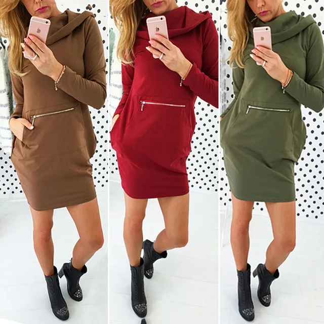 Hooded Dress Women Zip Up Front Pocket Design Hoos Sweatshirt Hooded Dress Women Zip Up Front Pocket Design Hoos Sweatshirt Cowl Neck Slim Shift Shirt