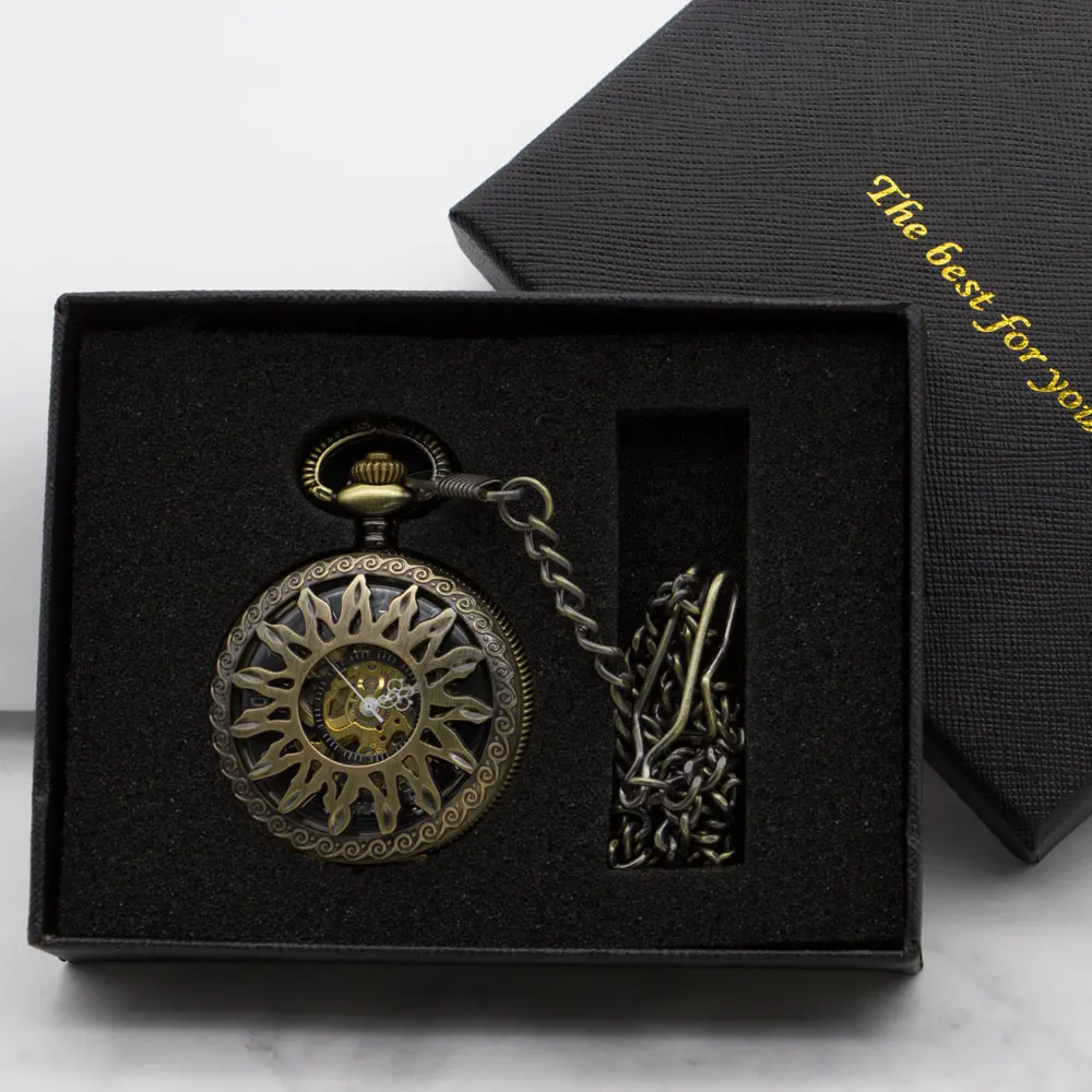 Ретро Защита от солнца цветок полые Скелет карманные часы с циферблатом ручной Ветер Механические карманные часы с брелок цепи мужские PJX1307