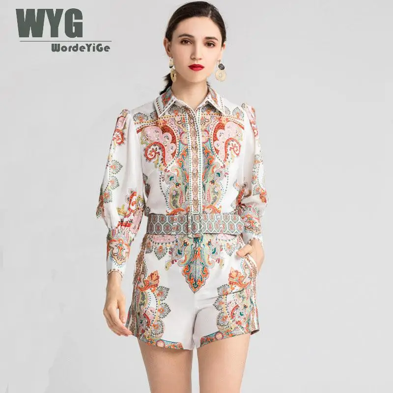 

2 Piece Shorts Set 2019 Spring Summer New Australia Fashion Vintage Wrist Sleeve Blouses Shirts + Ladies Mini Shorts Suit