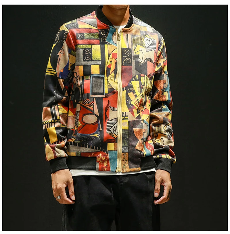 Bomber Patchwork Jacket Men Zipper Punk Beisebol Vintage  (8)