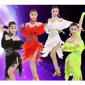 

Girls Carnival latin dance costume Kids Modern Jazz Ballroom Stage Dancing Dress Children Salsa Sequined clothes wear Girls