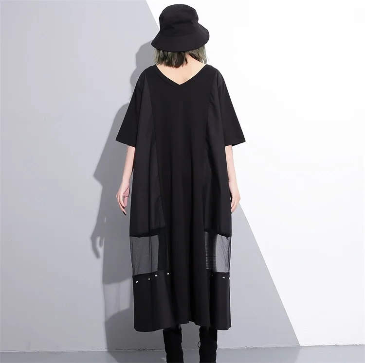 Черное платье с v-образным вырезом, большой размер, лето, женское платье-рубашка большого размера, платье с бисером и кисточками, лоскутное платье, женская одежда LT263S50