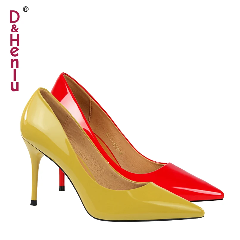 {D&Henlu} 2018 New Basic Women Pumps Sexy Pointed Toe Thin Heel High Heels Glossi Shoes Glitter stiletto Heels Brand Women Shoes