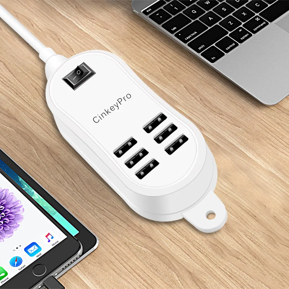 CinkeyPro 6-Ports Desktop USB Charger Wall Adapter 1.5M Cable Mobile Phone Device 5V 2A Charging For iPhone Samsung Universal 7