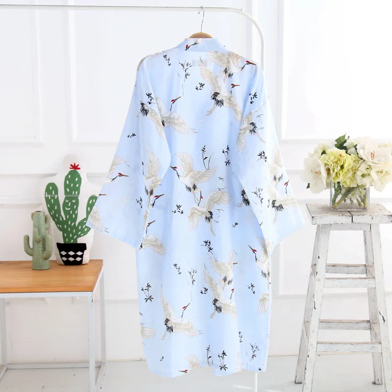 Japanese Crane Kimono Robe Woman Bathrobe Cotton Female Long Sleeved