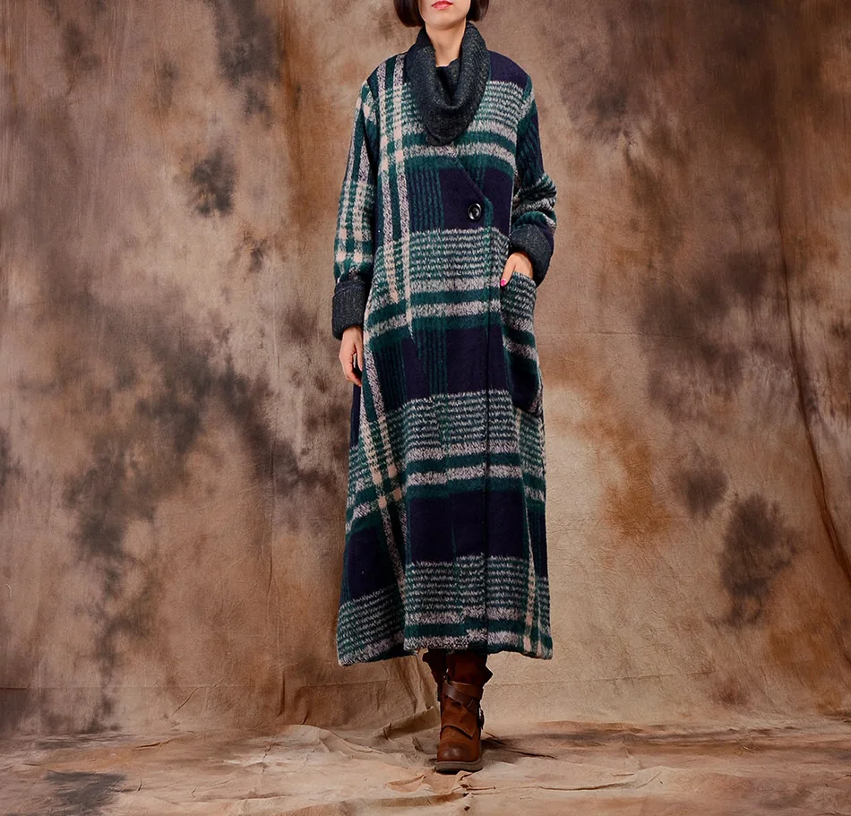 Women Casual Plaid Woolen Coat Ladies Plaid Retro Slim Elegant Overcoat