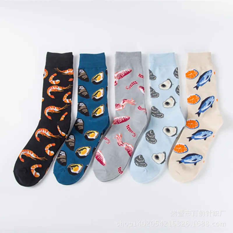 

man happy sock Crew Fresh Seafood Socks Mussel Oysters Ocean Shrimps Fishes Shells Cod Codfish Octopus Calcetines Largos Hombre