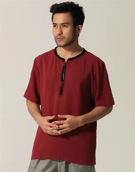 

Burgundy Summer Tradition Chinese Men's Cotton Linen Kung-Fu short sleeve t-shirt M L XL XXL XXXL