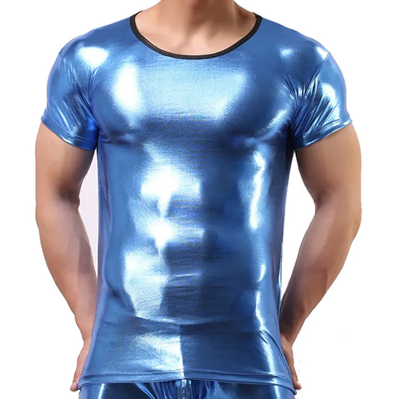 

Fashion Men's T-shirt Dance Short Sleeve Shiny PU Undershirt O-neck Slim Thin Vest Man Undershirt