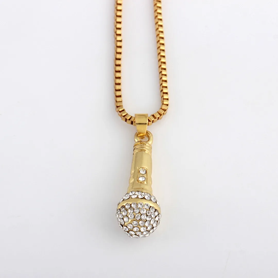 HIP Hop Gold Color Chain Necklace Shellhard Women Men Ice Out Microphone Pendant Necklace Charming Punk Jewelry