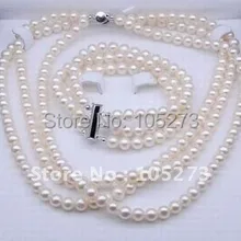 Ювелирные изделия из жемчуга AA8-9MM белый культивированный пресноводный жемчуг Ожерелье Браслет Ювелирный Набор женский стиль