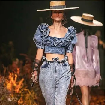 

Luxury Designer Brand Top for Women Multi Layer Ruffles Slash Neck Denim Short Top